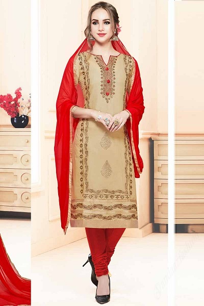 Beige and Red Churidar Dress Material for Women