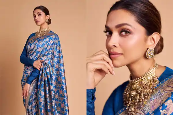 Deepika Padukone in blue banarasi silk saree